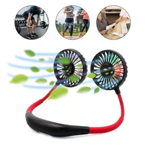 Portable USB Neckband Fan – Dual Head, Rechargeable Air Cooler with Colorful Lights & Aroma Function