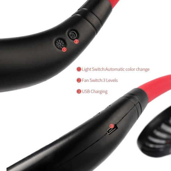Portable USB Neckband Fan – Dual Head, Rechargeable Air Cooler with Colorful Lights & Aroma Function
