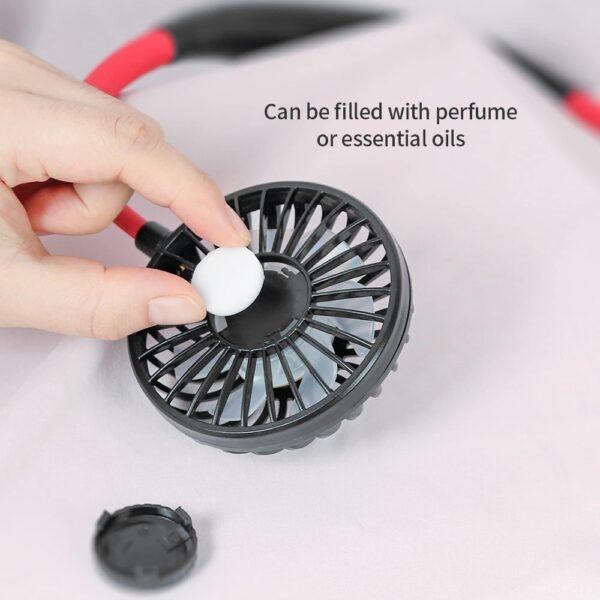 Portable USB Neckband Fan – Dual Head, Rechargeable Air Cooler with Colorful Lights & Aroma Function