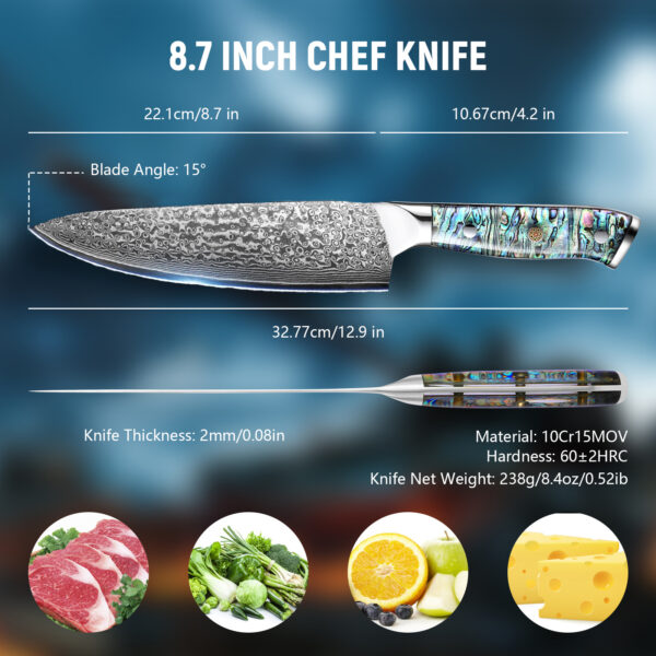 Professional 8-Inch Damascus Steel Chef Knife – Ultra Sharp 10Cr15MOV Blade with Hand-Forged Pattern & Abalone Shell Handle