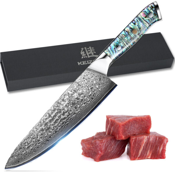 Professional 8-Inch Damascus Steel Chef Knife – Ultra Sharp 10Cr15MOV Blade with Hand-Forged Pattern & Abalone Shell Handle